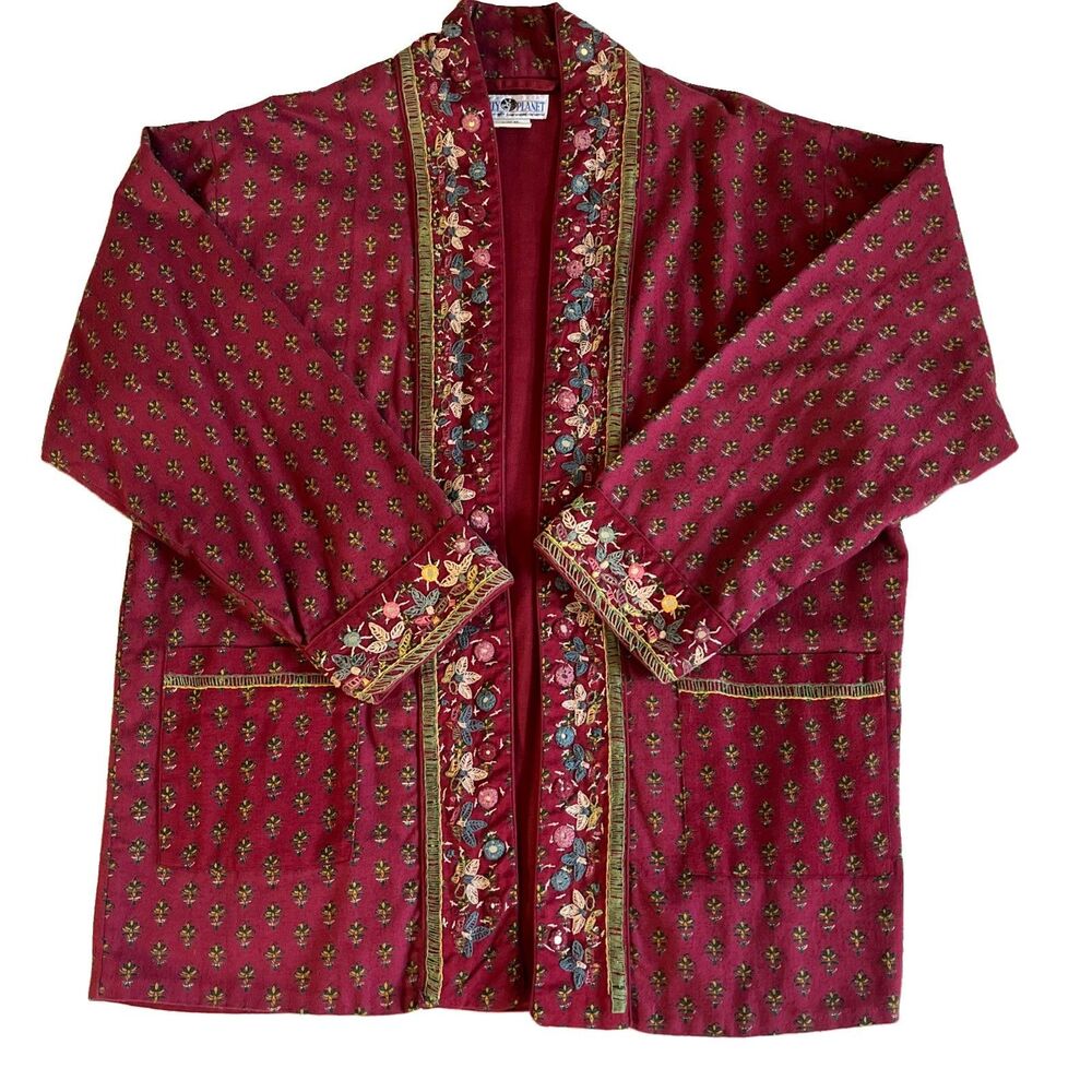 90s The Daily Planet Embroidered Mirror Work Kantha Jacket M Cotton India Artsy